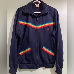 Hang Ten 90s Vintage Navy Zip-Up Sweater Track Jacket Rainbow Stripe XL Unisex